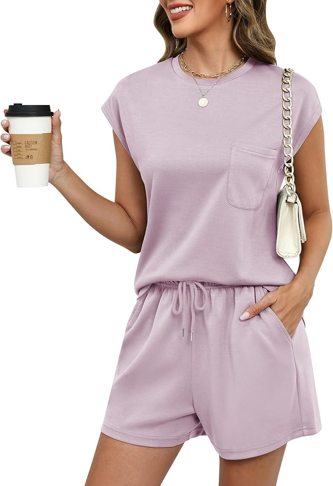 LOMON Two Piece Shorts Sets for Women Vacation Trendy Lounge Sets Crew Neck Matching Sets Cap Sle... | Amazon (US)