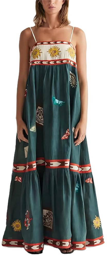 Thopavenoir Boho Floral Print Midi Dress for Women Long Sleeve V Neck Tiered Long Dresses Smocked... | Amazon (US)