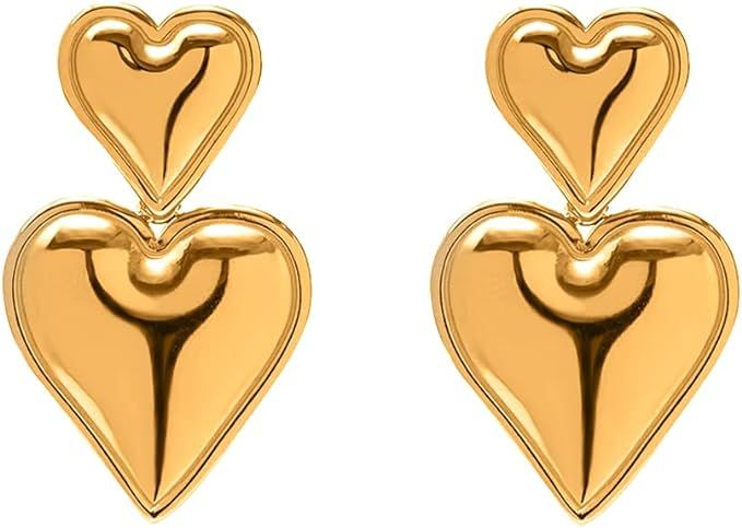 Heart Drop Earrings Double Heart Statement Dangle Earrings for Women Girls Gold Silver | Amazon (US)