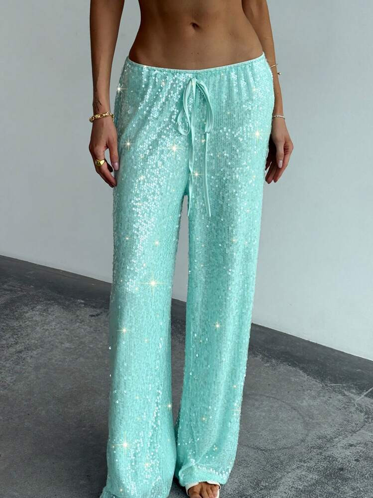 Aloruh Women Glitter Patchwork Drawstring Waist Casual Elegant Sequin Pants, Beach Vacation Boho Tropical Vacation Concert Rave Festival Country Concert Ibiza Nashville Western Wear Women Western Boho Streetwear Tropical Gyaru Mint Green Fresh Sequin Trousers,Fall | SHEIN