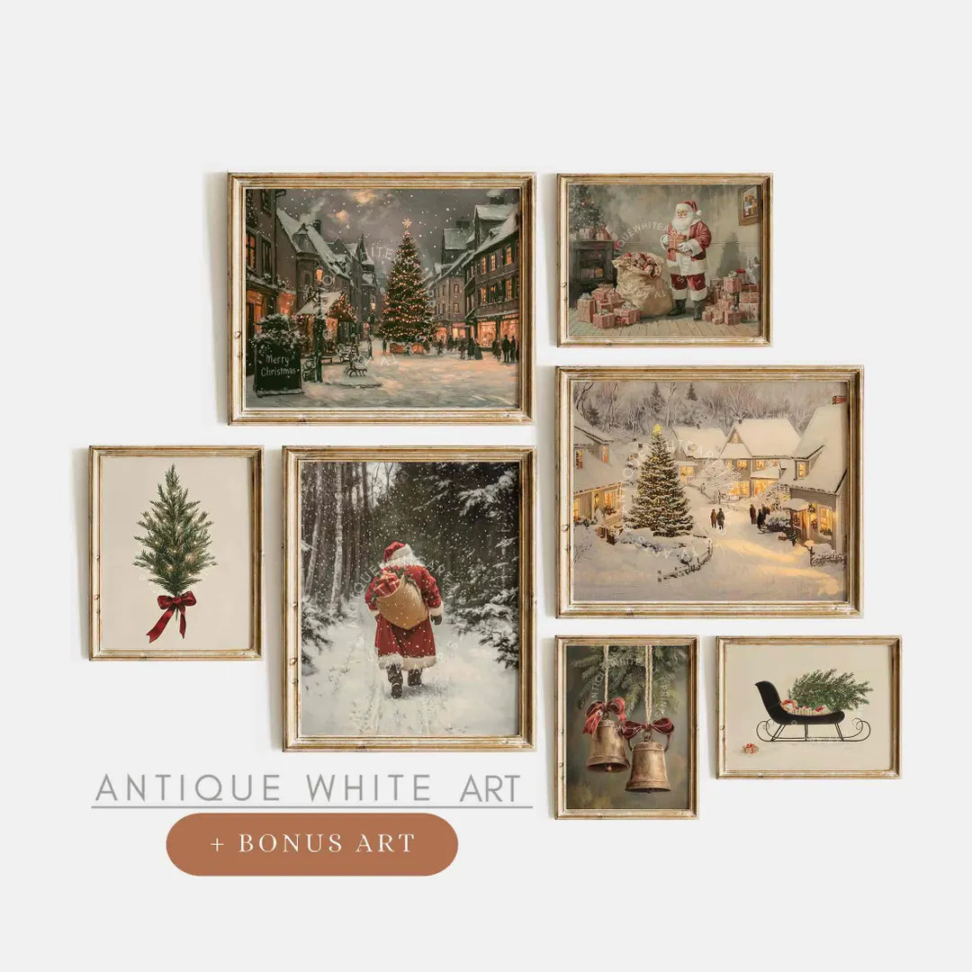 Printable Vintage Style Christmas Prints, Set of Moody Winter Wall Art, Santa Claus Print, Christ... | Etsy (US)