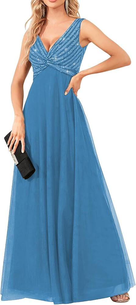 Women's Sequin Sparkly Dresses Evening Gowns Tulle Long Empire Waist Twist Formal Wedding Guest P... | Amazon (US)