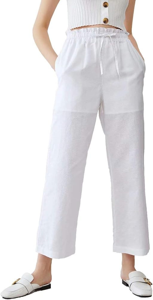 MEOMUA Women's Linen Crop Pant Soft Drawstring Elastic Waist Straight Cotton Pants | Amazon (US)