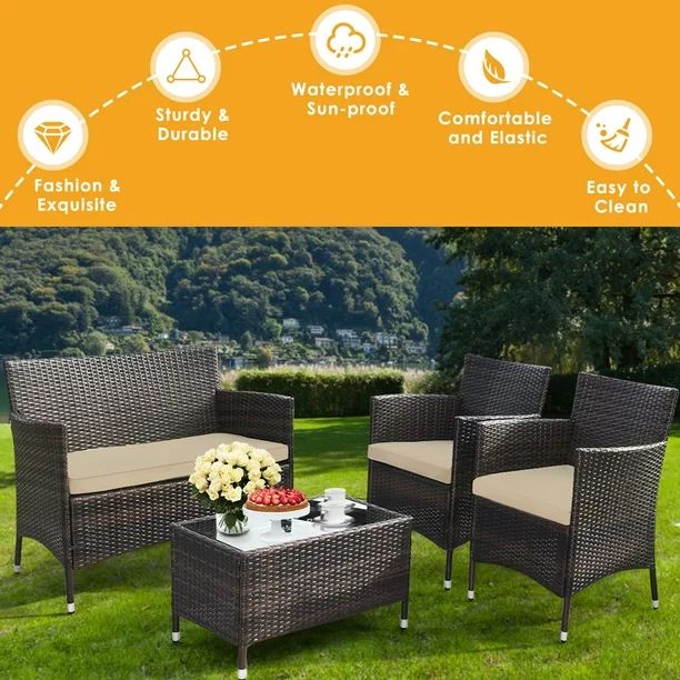 Gymax 8PCS Patio Rattan Conversation Furniture Set Outdoor w/ Brown Cushion | Walmart (CA)