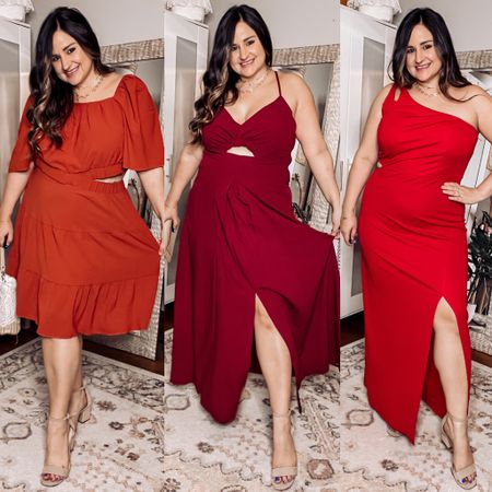 Wedding guest dresses in bold colors! 
 Short cutout dress: wearing an xl, but needed an l or even an m

Burgundy spaghetti strap dress: wearing an XL, could have done an L

Red one shoulder dress: wearing an XL

Amazon dresses, spring dress, red dress, wedding guest, vacation dress 

#LTKcurves #LTKtravel #LTKwedding