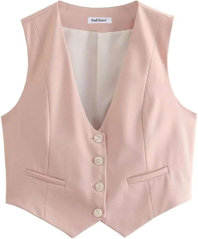 Cropped Suit Vest for Women 2024 Button Up Business Casual Dressy Waistcoat Vest Tops | Amazon (US)