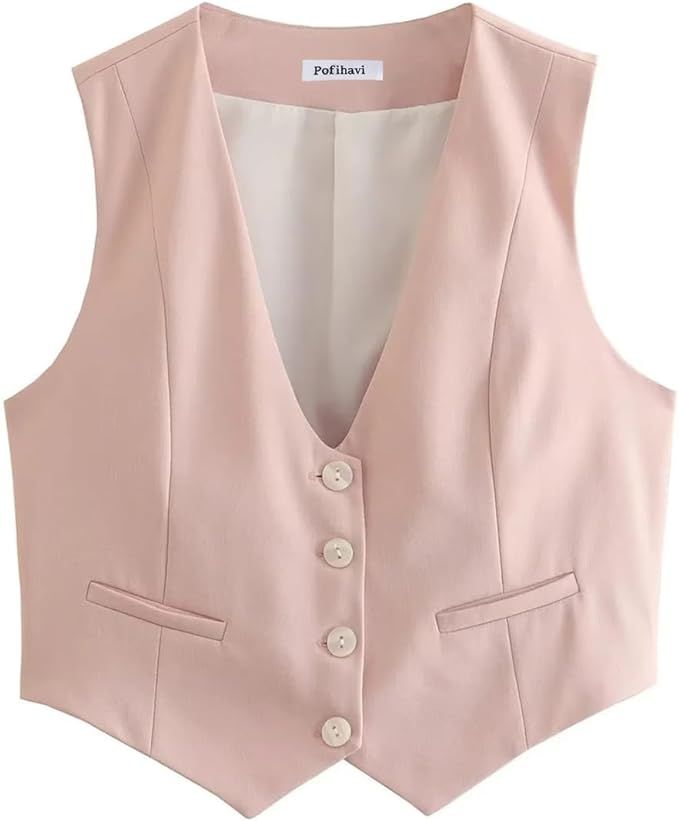 Cropped Suit Vest for Women 2024 Button Up Business Casual Dressy Waistcoat Vest Tops | Amazon (US)