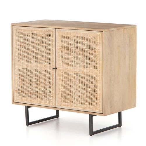 Emilie Light Brown Mango Wood Woven Cane Black Iron 2 Door Media Cabinet - 35"W | Kathy Kuo Home