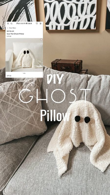 DIY ghost pillow 👻 Let’s make this PB dupe ghost pillow for under $25

What you will need:
- Cream or white Sherpa fabric (1 yard or less) 
- Black Pom poms for eyes
        (or black felt circles)
- 1 Small accent pillow insert 
- Basic sewing kit (no machine needed!) 

Step 1: drape the Sherpa fabric over the pillow and cut off any access fabric
Step 2: Pinch and pin the bottom of the fabric where you will sew to frame the ghost face. 
Tip: Make sure the middle and center is shorter and the sides are longer. This will look better when the pillow is sitting on the edge of the couch or table and gives it the draping ghost effect 
Step 3: line up where you want the Pom Pom eyes to be and sew them on
Step 4: sew underneath, attaching the blanket to the pillow underneath on both sides of the eyes. This secures the blanket onto the pillow and keeps it from moving.

Linking the EXACT materials that I used on my @shop.LTK page (link in bio) 👻🕸️🤍🖤 #halloween #ghostpillow #halloweencrafts #diy #crafts #halloweendecor #halloween2023 
#easycrafts #reelsdiy #diyhomedecor #diyhalloweendecor #diyhalloween #halloweenDIY #diydecor #diyghost #gustheghost 

#LTKSeasonal #LTKhome
