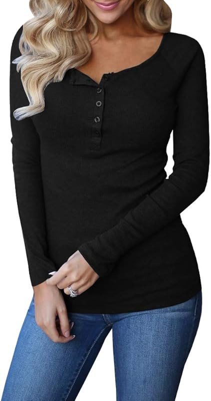 Remikstyt Womens Long Sleeve Henley Shirts Ribbed Button Down Casual Tunic Tops | Amazon (US)