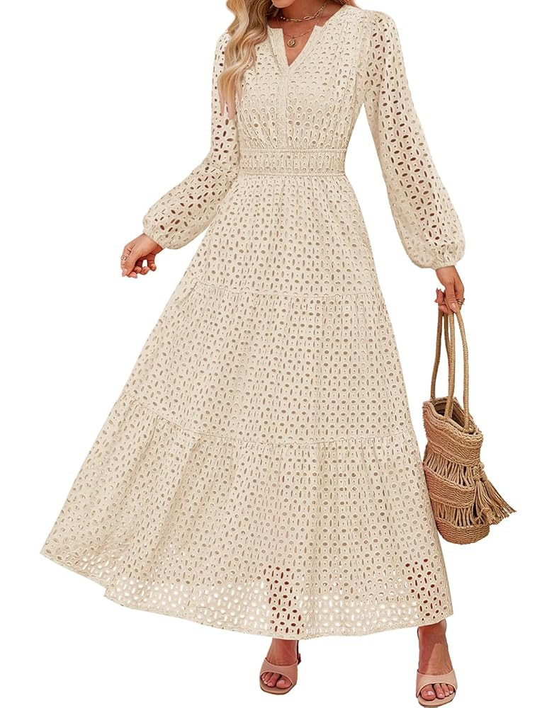 ZESICA Women's 2025 Fall Long Sleeve Maxi Dress V Neck Hollow Out Eyelet A Line Long Flowy Casual... | Amazon (US)