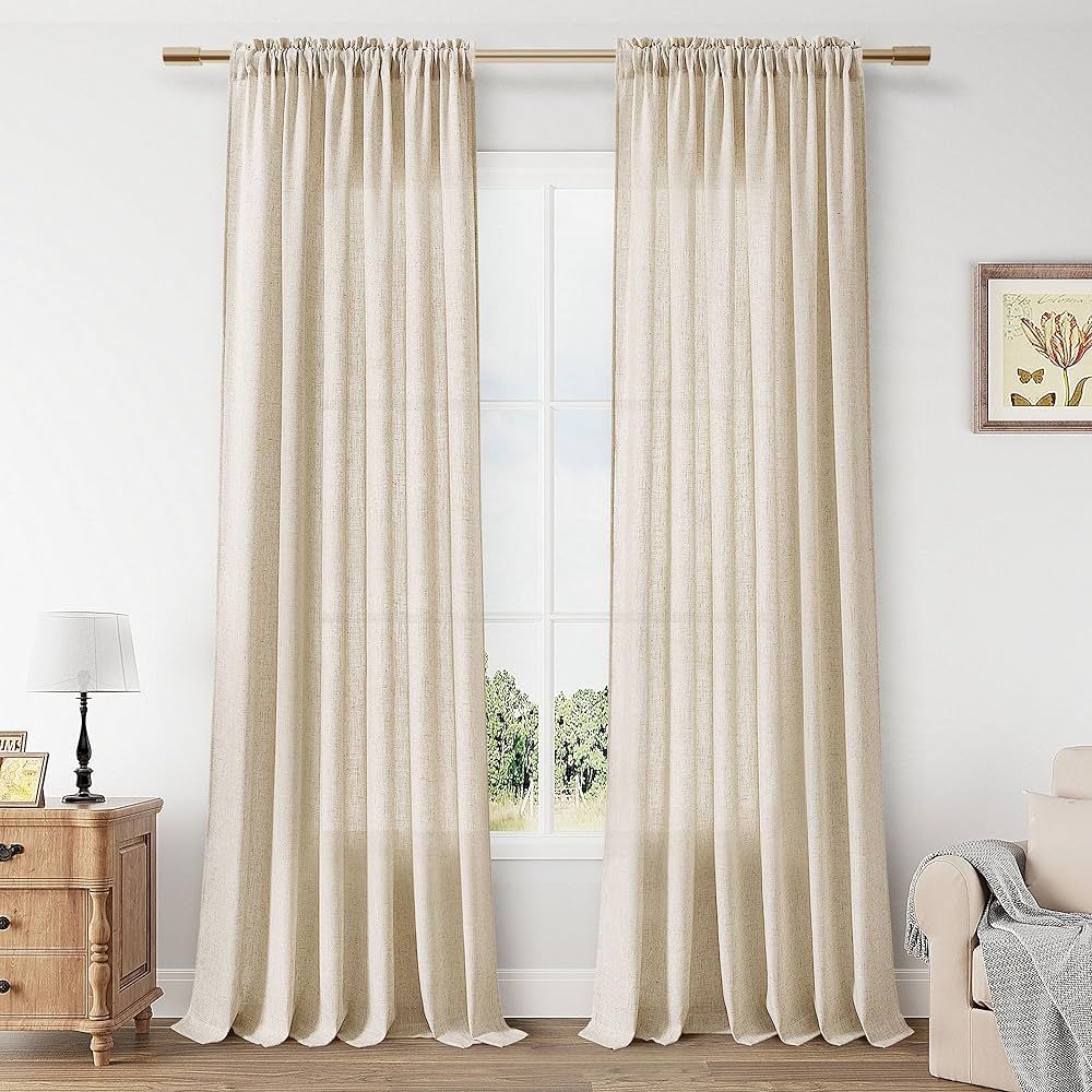 Beige Flax Linen Curtains 84 Inch Length for Bedroom 2 Panels Rod Pocket Semi Sheer Burlap Light ... | Amazon (US)