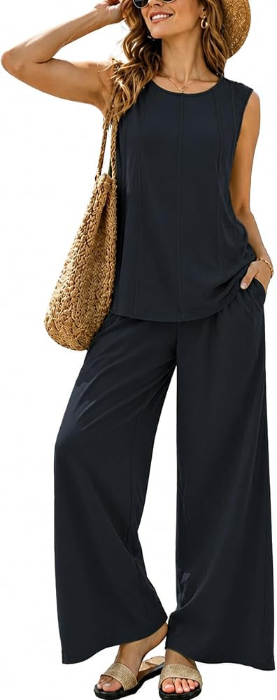 Women\u2019s 2 Piece Matching Set Sleeveless Top High Waisted Wide Leg Pants | Amazon (US)