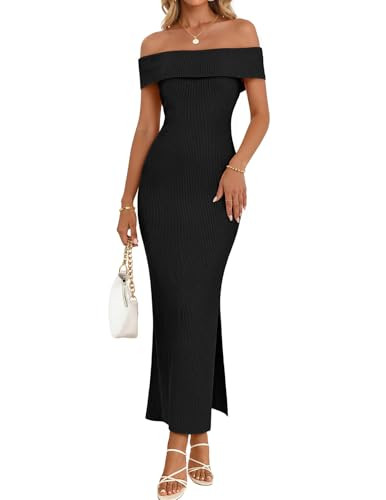 MEROKEETY Women's 2026 Off Shoulder Bodycon Midi Dress Summer Spring Formal Elegant Knit Sweater Dresses, Black, Medium | Amazon (US)