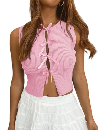 Saodimallsu Womens Summer Sleeveless Crop Tank Tops Bow Crew Neck Fitted Y2k Ribbed Knit Sweater ... | Amazon (US)