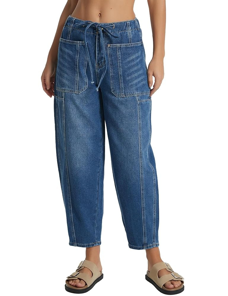 Women's Wide Leg Baggy Jeans Elastic Waist Barrel Jeans Trendy Loose Drawstring Ankle Denim Pants | Amazon (US)