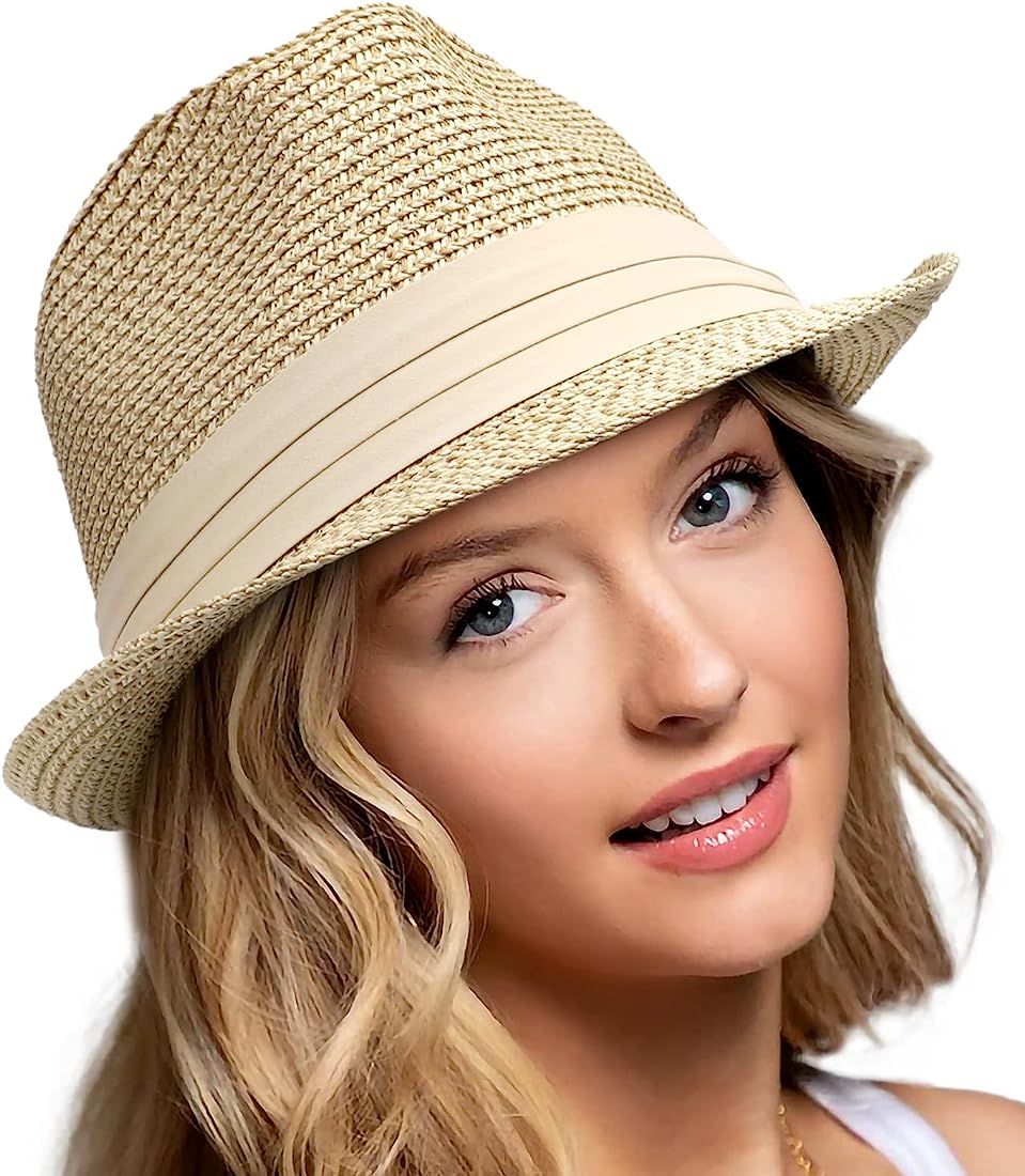 Womens Straw Fedora Hats Short Brim Beach Sun Trilby Hat for Men Packable Roll Up Panama Summer H... | Amazon (US)