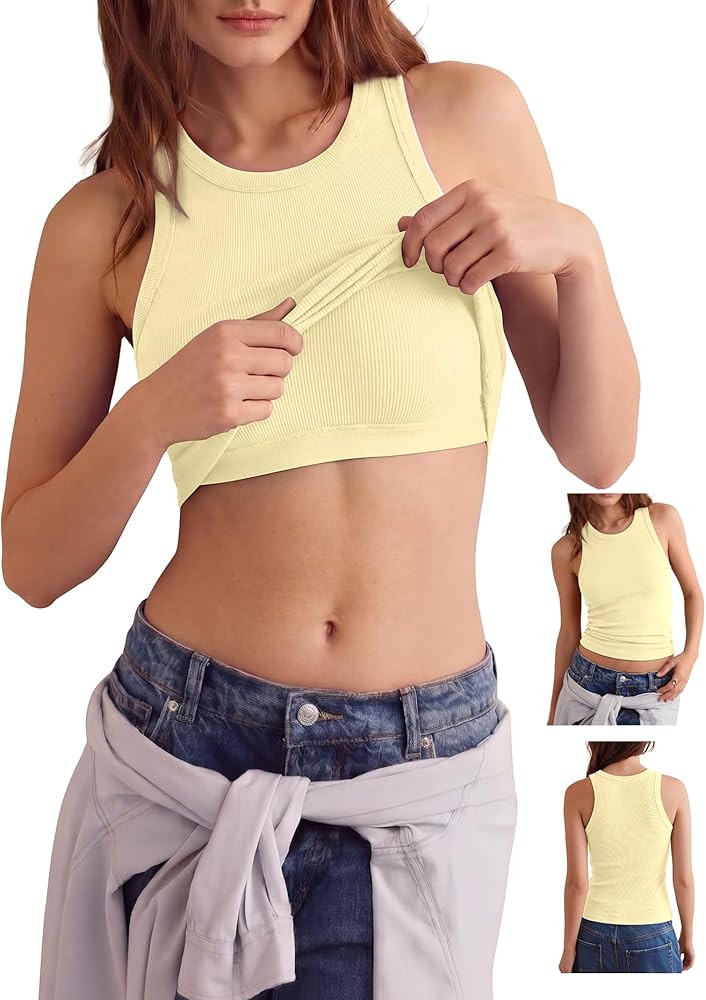 Darong Women's Tank Tops with Built in Bras High Neck Racerback Ribbed Fitted Sleeveless Casual S... | Amazon (US)