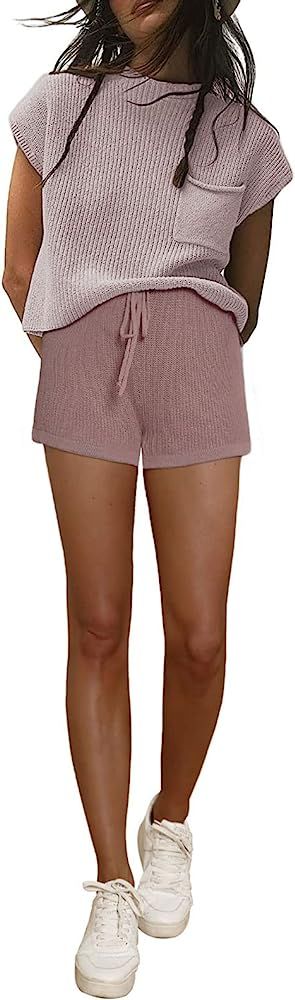 Women's Two Piece Outfits tracksuits Sweater Sets Knit Pullover Tops and High Waisted Shorts Loun... | Amazon (US)