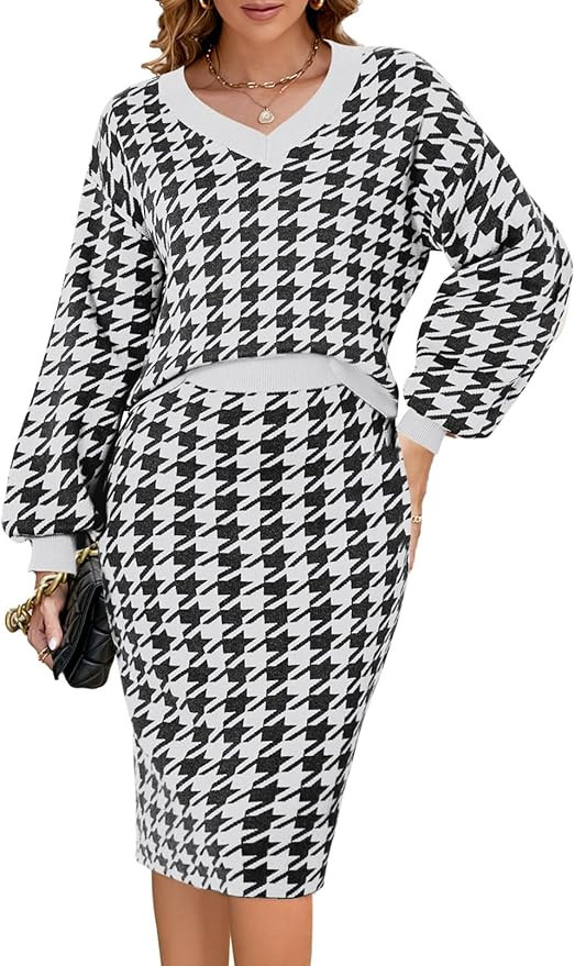 Pink Queen Women's 2 Piece Outfits Set Knit V Neck Batwing Long Sleeve Loose Top Bodycon Midi Ski... | Amazon (US)