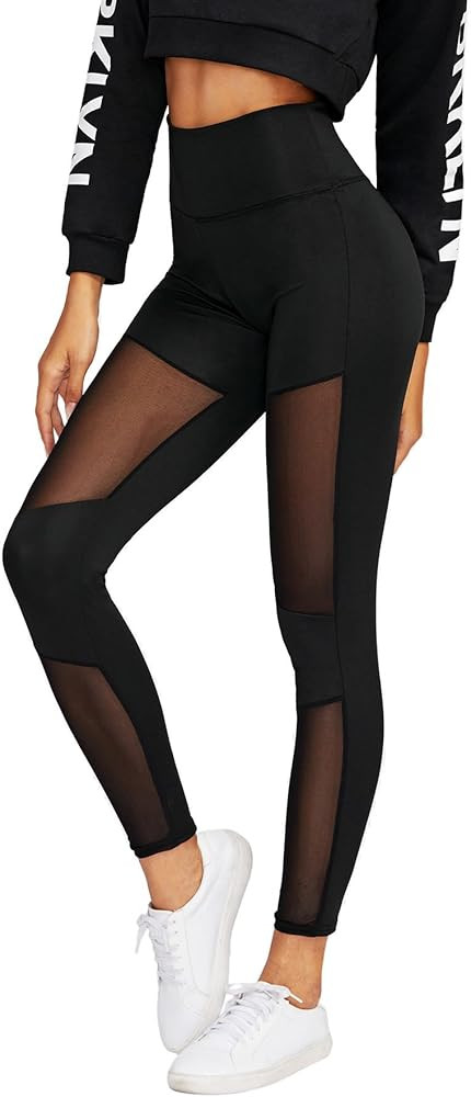 SweatyRocks Women's Stretchy Skinny Sheer Mesh Insert Workout Leggings Yoga Tights | Amazon (US)