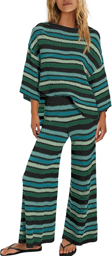 ReachMe Womens Oversized Striped 2 Piece Sets Sweater and Wide Leg Pants with Pockets Pajama Loun... | Amazon (US)
