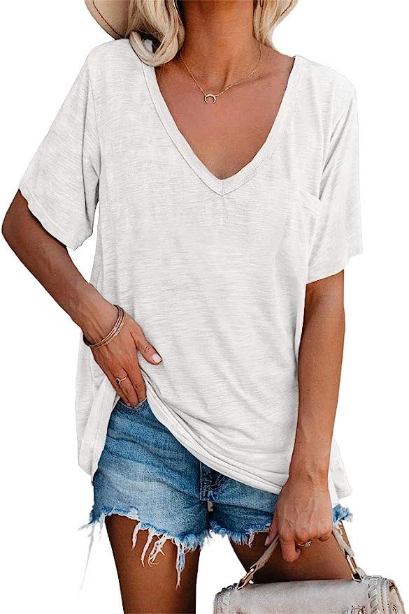 imesrun Womens V Neck Tshirts Short Sleeve Loose Casual Summer Tops with Pocket | Amazon (US)