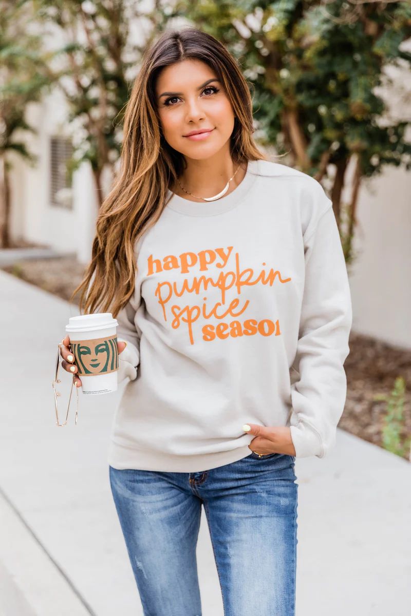 Happy Pumpkin Spice Season Graphic Sand Sweatshirt | The Pink Lily Boutique