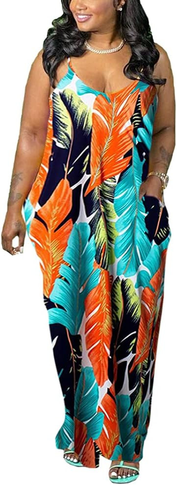 WOOSEN Womens Summer Suspender Maxi Dress Plus Size Striped Printed Sleeveless with Pockets and B... | Amazon (US)