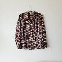 Bold Jewel-Tone Checkerprint Button Up Blouse. Vintage Dressbarn Grid Pattern Metallic Geometric Print Plum, Olive, Cream Blouse | Etsy (US)