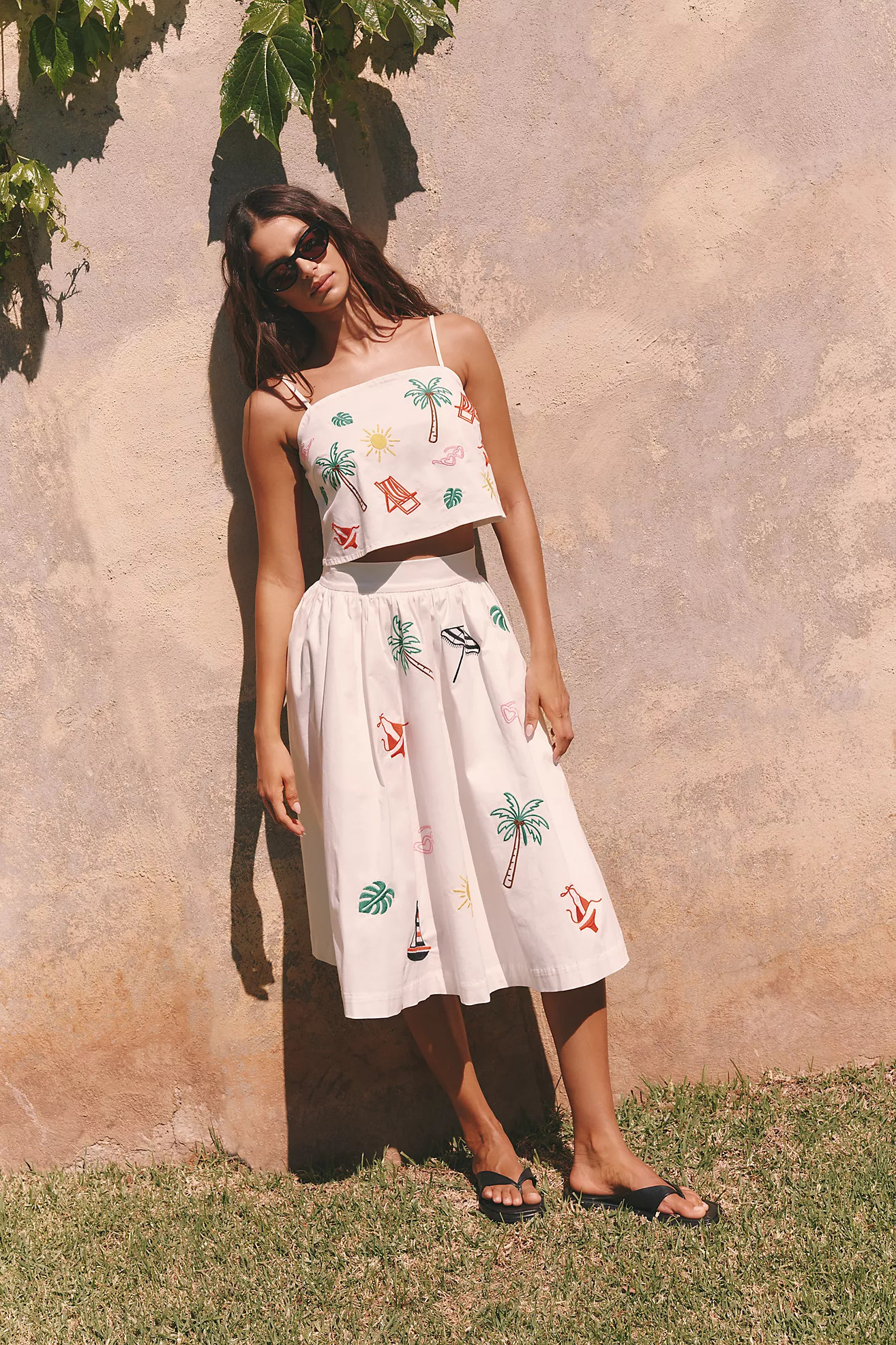 Flat White Tropical Embroidered Midi Skirt | Anthropologie (US)
