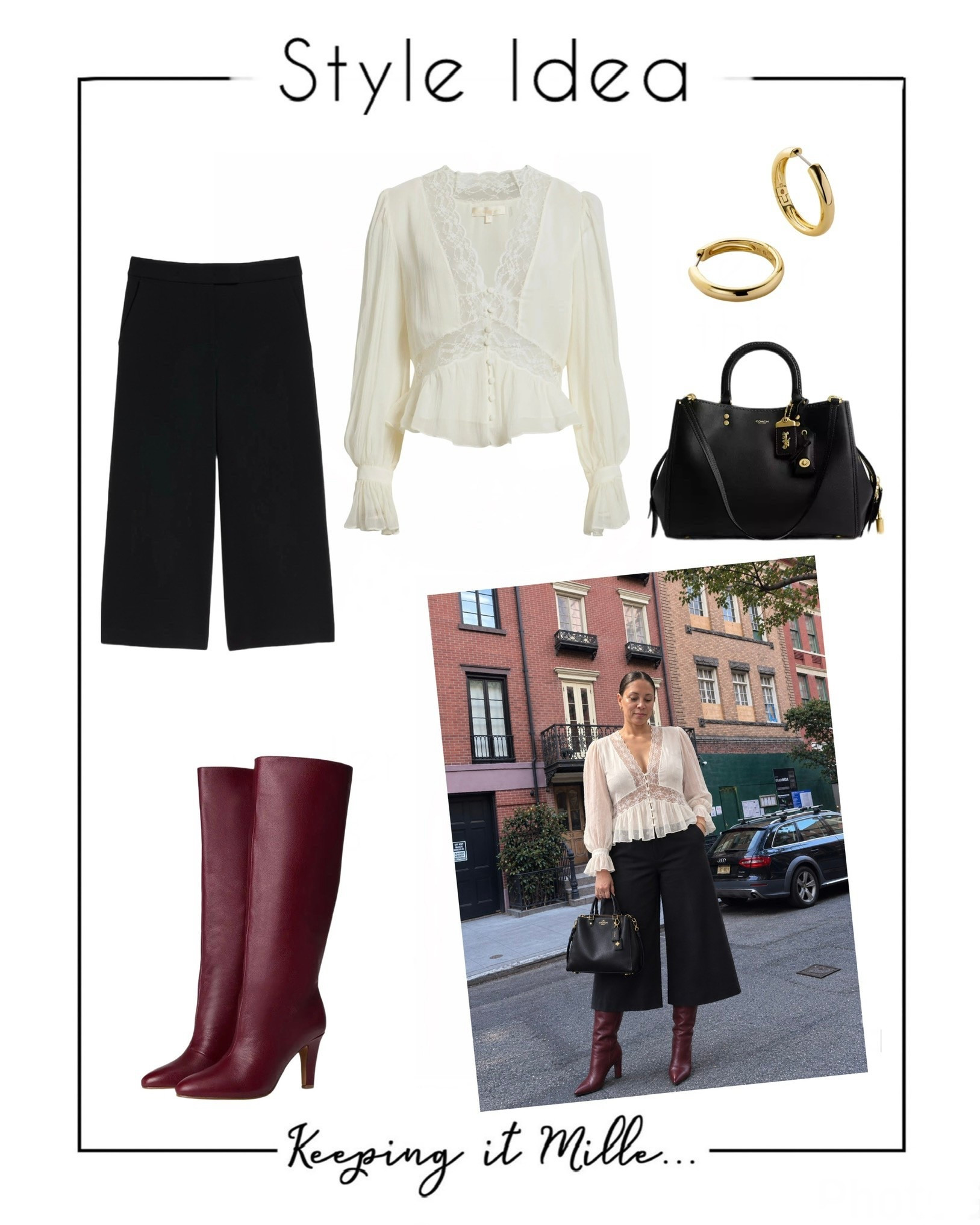 Style Idea: lacy peplum top, Loft crepe culottes, burgundy knee high leather boots, classic black satchel, timeless medium gold hoops.

Backdrop: New York City

#LTKstorytime #LTKSeasonal #LTKMidsize