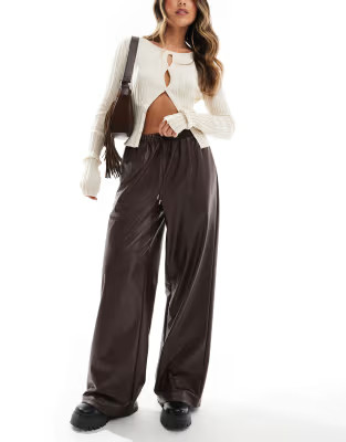 ASOS DESIGN leather look tie waist wide leg pants in chocolate | ASOS | ASOS (Global)