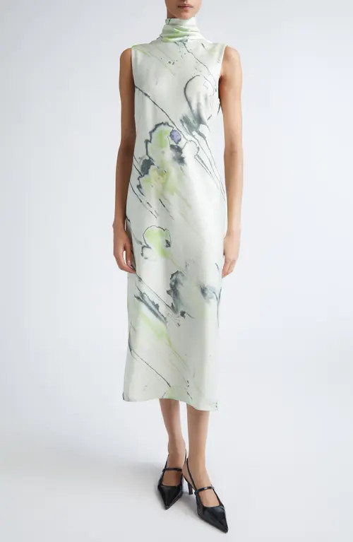 Jason Wu Collection Watercolor Floral Bias Cut Satin Midi Dress in Light Jade Multi at Nordstrom, Size 4 | Nordstrom