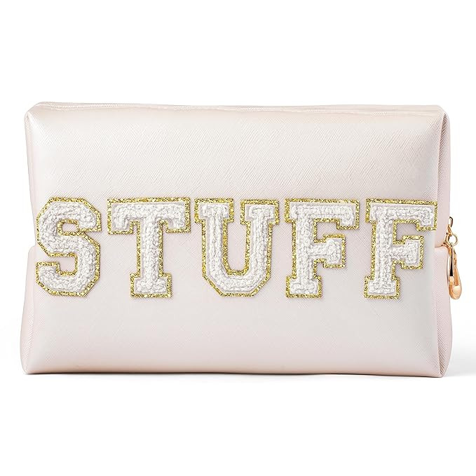 Y1tvei Preppy Patch STUFF White Chenille Letter Extra Large Cosmetic Bag PU Leather Waterproof Po... | Amazon (US)