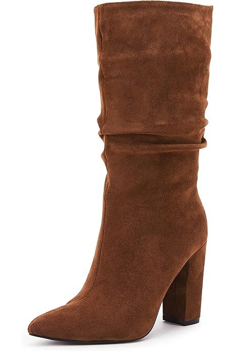 Womens Slouchy Chunky High Heel Mid Calf Boots Pointed Toe Slip On Winter Wide Riding Booties | Amazon (US)