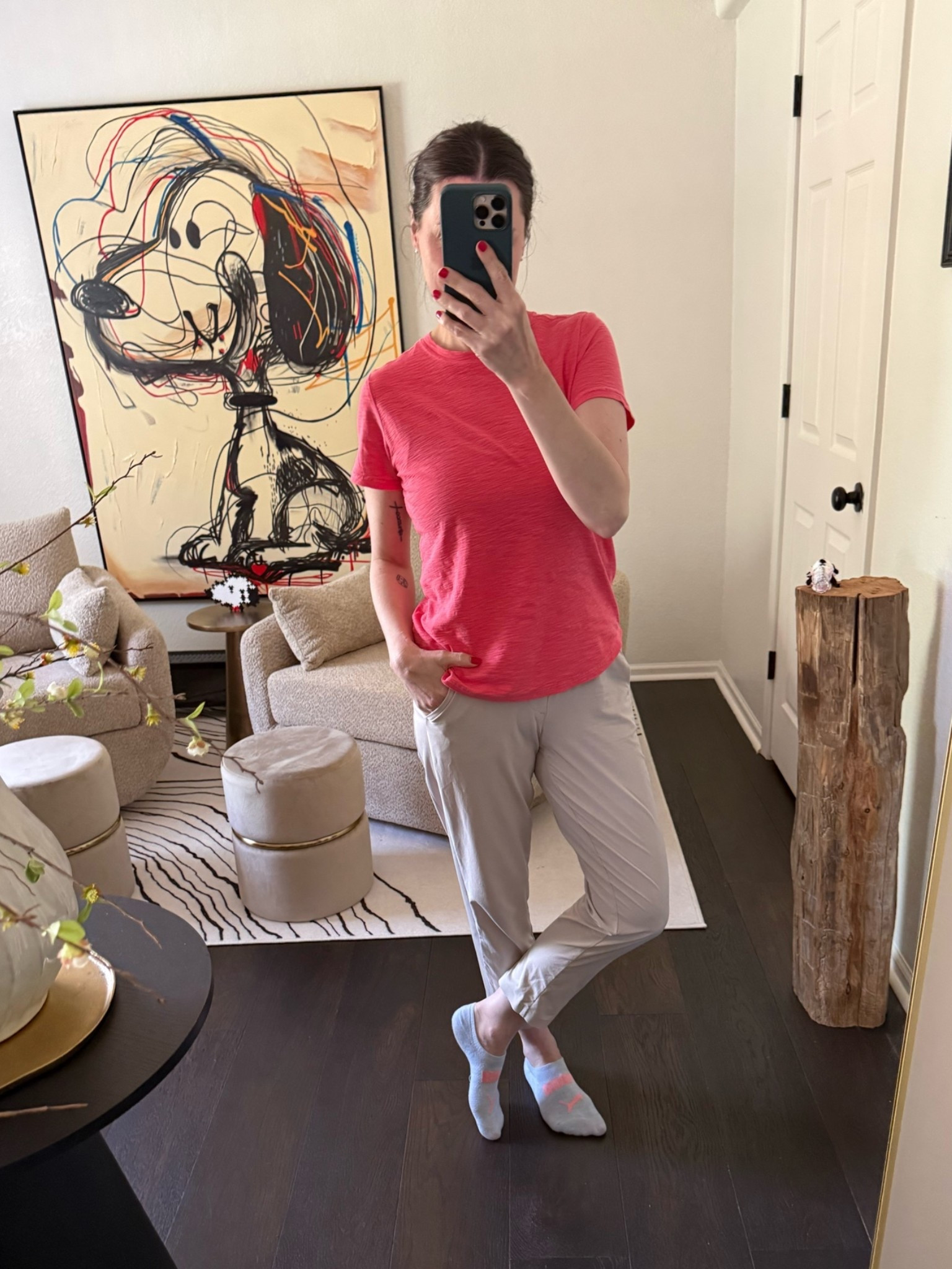 The pants that feel better than leggings. The t-shirt that feels like a dream. Both better than basic. Together, comfy enough for a day of leisure. Elevated enough to wear to work.  Wearing XS in pants and S in top!

Also, these are the best ankle socks ever!