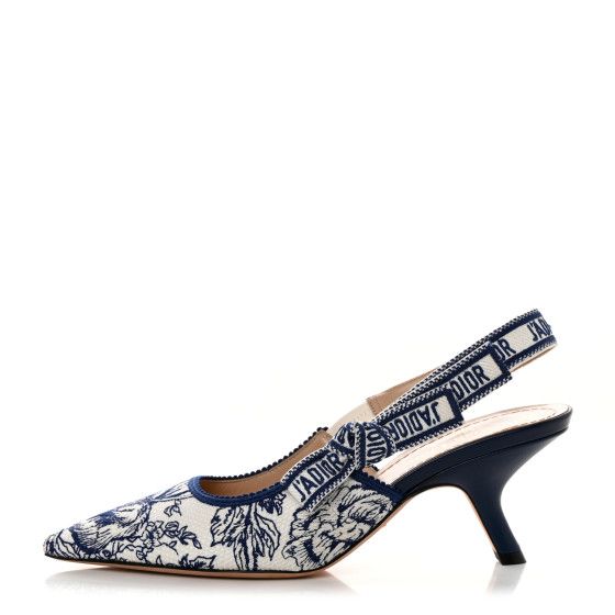 Toile de Jouy Ribbon Embroidered J'Adior Slingback 65mm Pumps 37 Blue Off White | FASHIONPHILE (US)