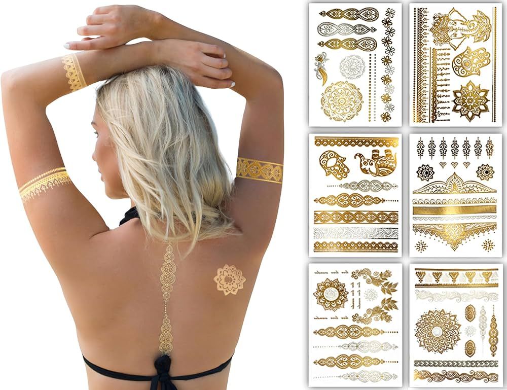 Terra Tattoos Gold Metallic Tattoo Flash Sheets Designs of Elephants, Flowers & more! Face Tattoo... | Amazon (US)