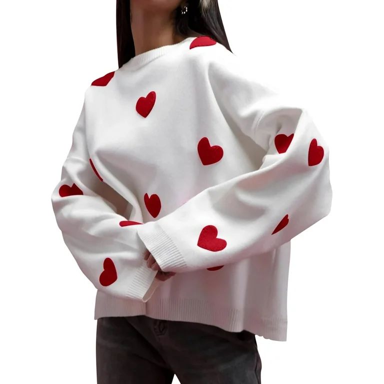 Women Oversized Heart Embroidery Crew Neck Knit Sweaters Cute Chunky Long Sleeve Heart Knit Pullo... | Walmart (US)