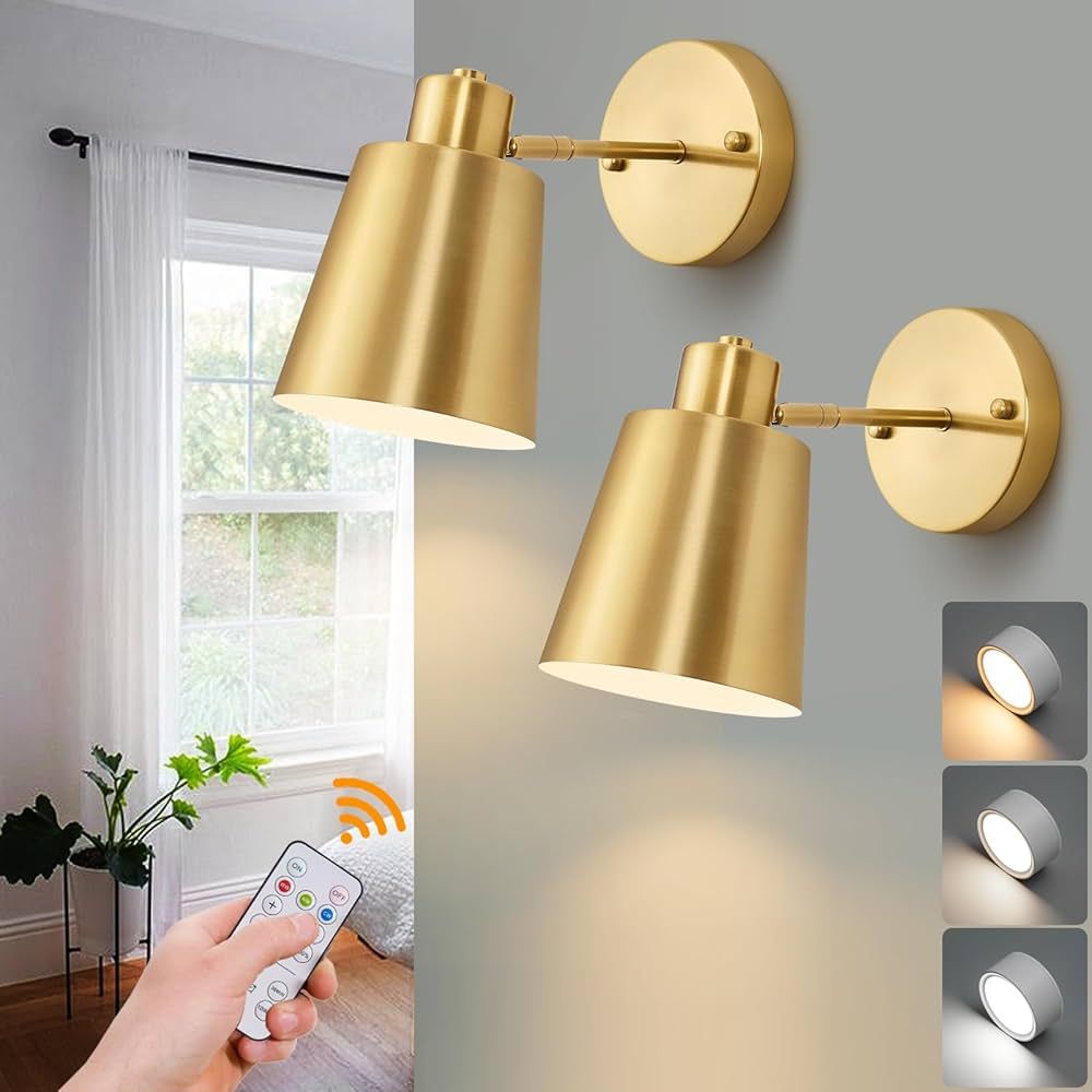 2 Pack Gold Magnetic Wireless Battery Operated Wall Sconces, Dimmable Battery Powered Wall Decor ... | Amazon (US)