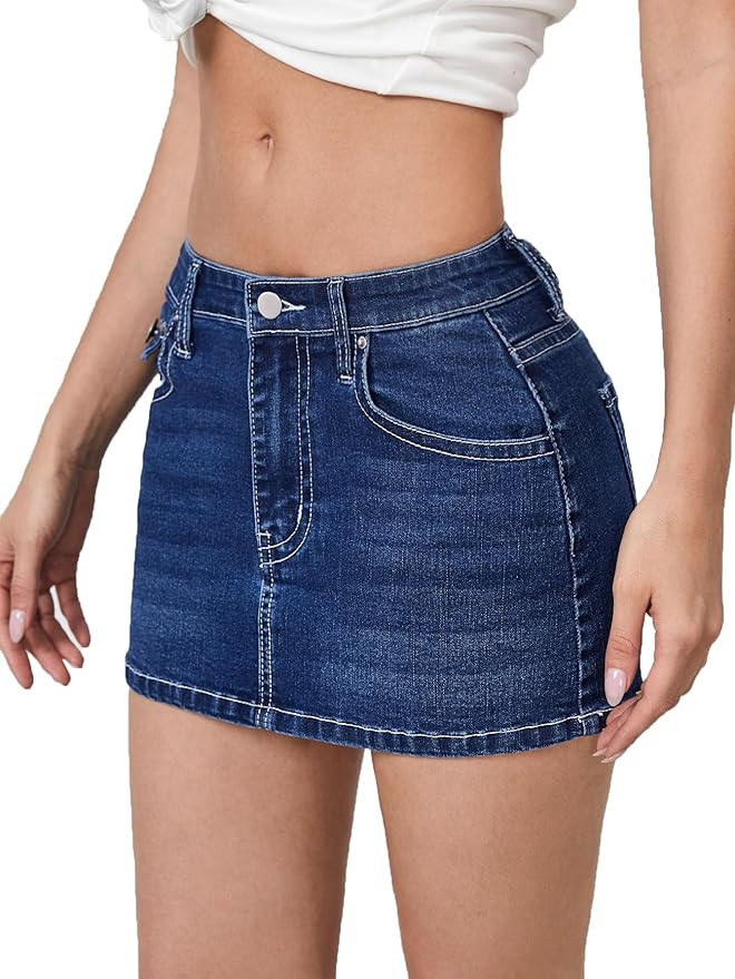 Verdusa Women's High Waist Bodycon Short Denim Skirt Clothes with Pocket, Dark Blue, Small | Amazon (CA)