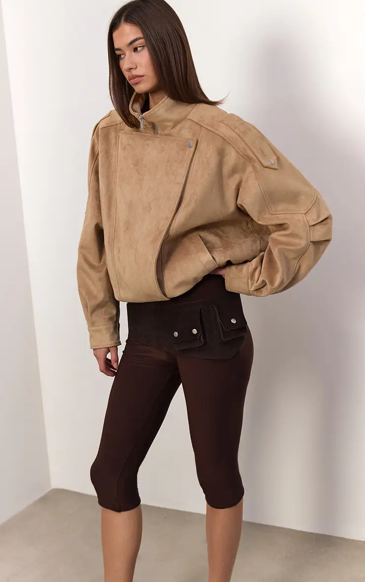 Sand Funnel Neck Low Belt Soft Suede Biker Jacket | PLT | PrettyLittleThing UK