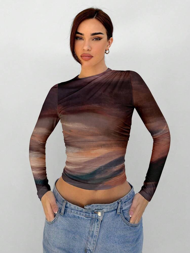 Aloruh Elegant Women's Colorblock Gradient Dip-Dye Print Crew Neck Long Sleeve Versatile Autumn/W... | SHEIN