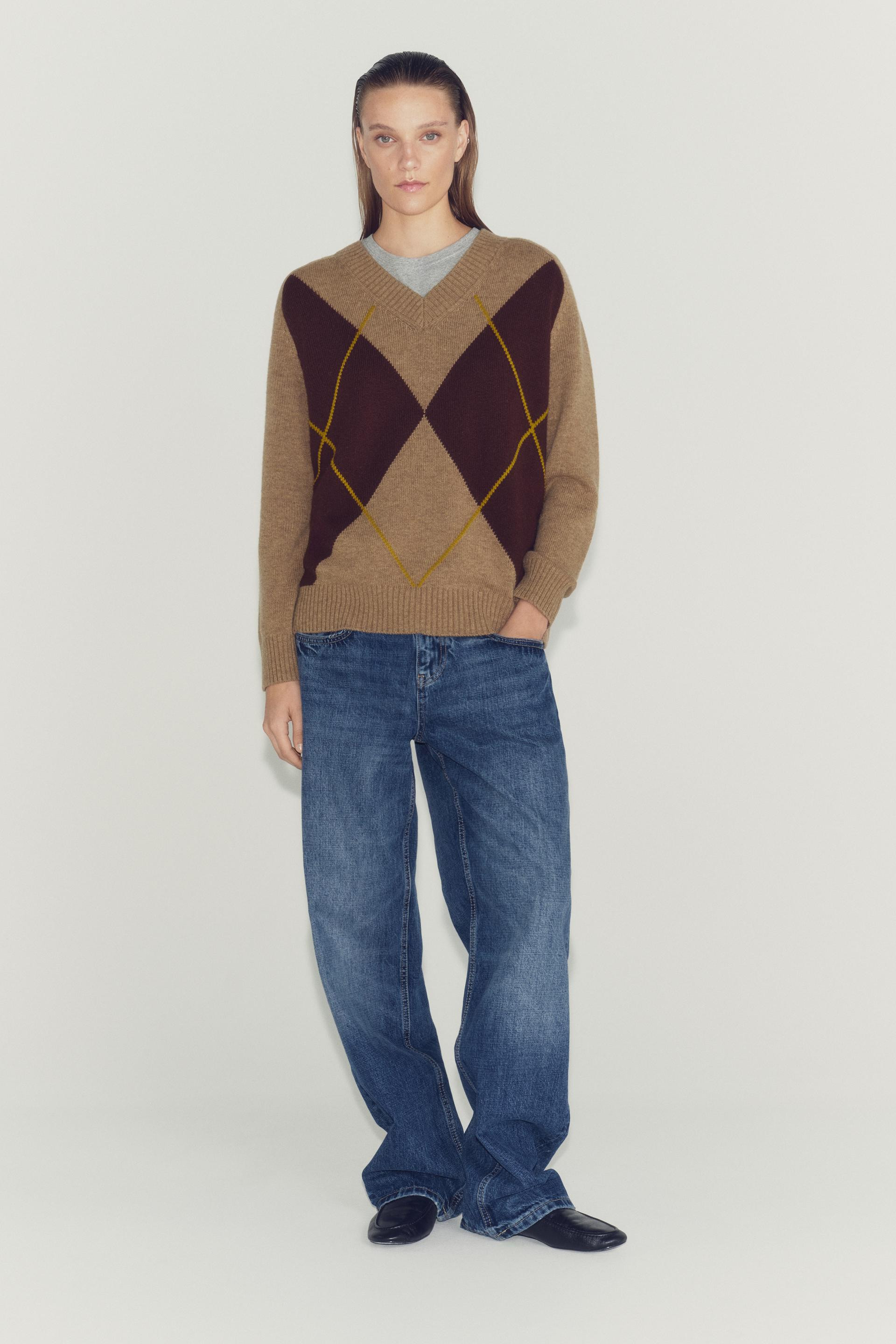 Zara - Argyle Knit Jumper - Mid-Camel - M - Woman | Zara UK