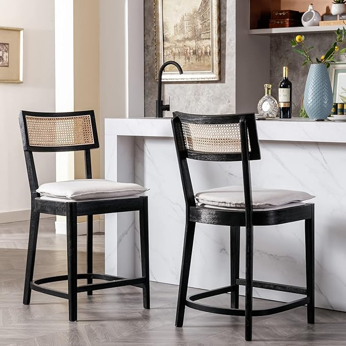Rattan Counter Height Bar Stools, 26'' Modern Counter Stools with Cane Back, Mid Century Bar Chai... | Amazon (US)