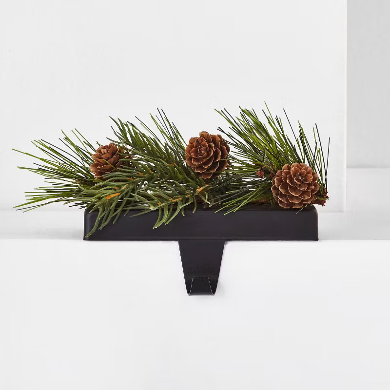 Greenery Stocking Holder with Pinecones Black Base with Nail head Hook - Wondershop™ | Target