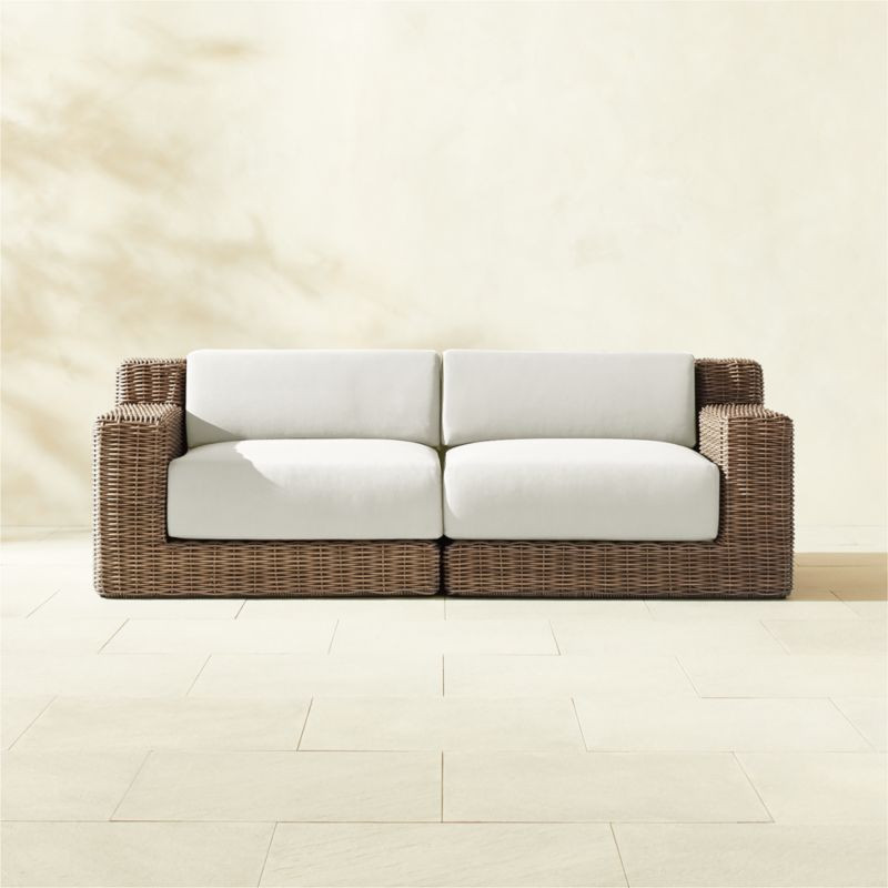 Maylin 2-Piece All-Weather Rattan Outdoor Loveseat with Warm White Sunbrella Cushions | CB2 | CB2