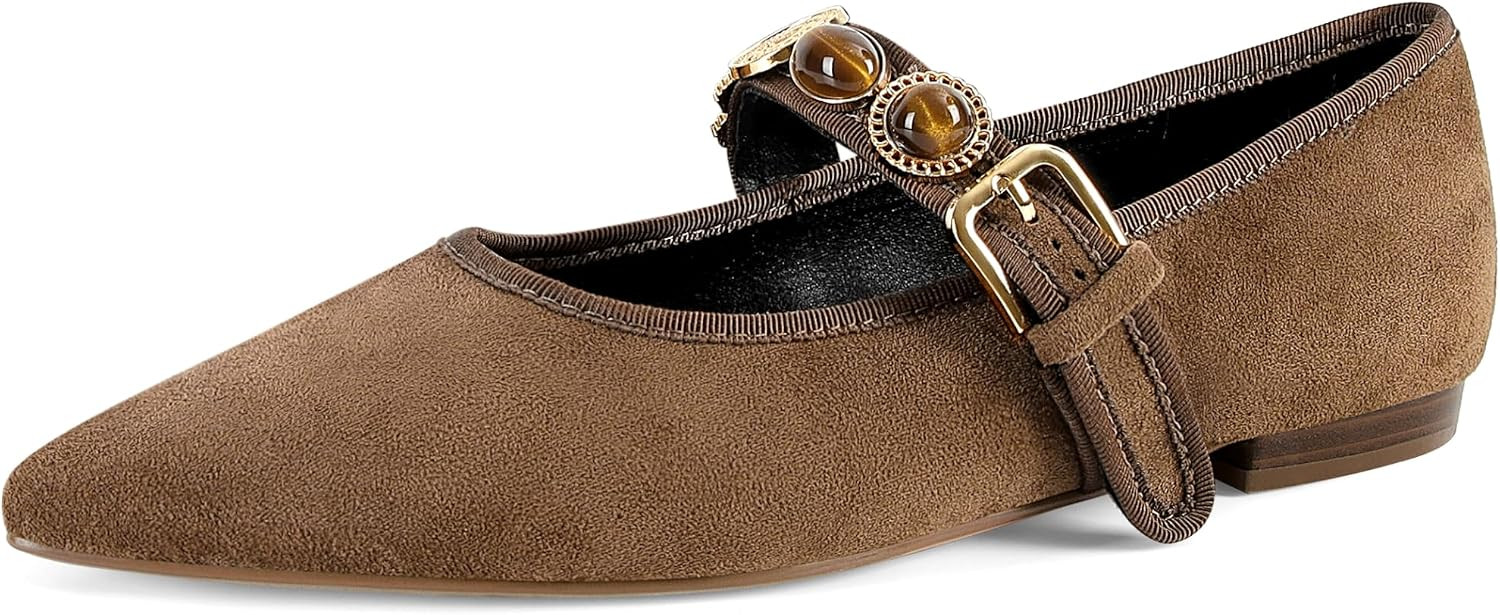 Women’s Pointed Toe Mary Jane Flats Gold Studded Ballet Flats with Buckle Strap Jeweled Dressy Comfortable Ballerina Flats Work Walking Office Shoes | Amazon (US)