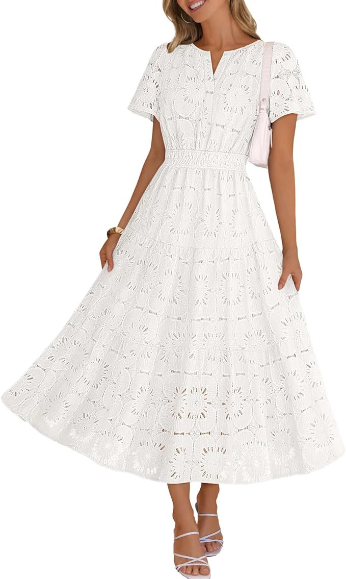 MEROKEETY Women's Summer Floral Maxi Dress 2026 Spring Boho Vacation Eyelet Lace Short Sleeve A L... | Amazon (US)